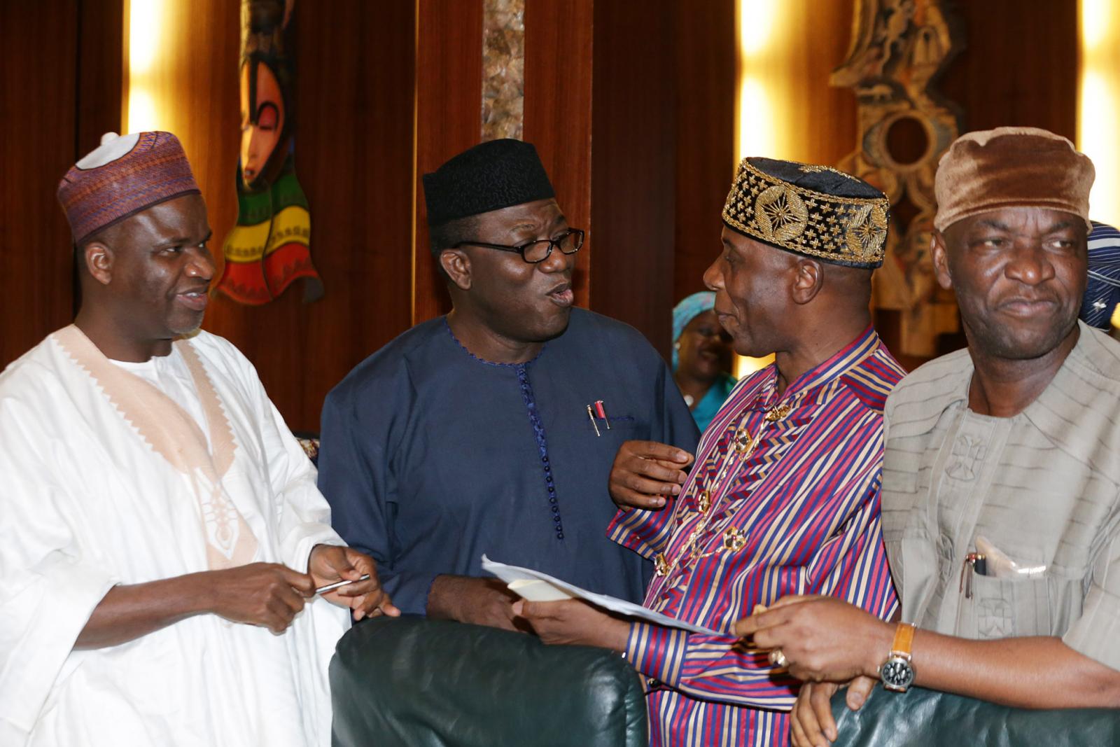 From left: Minister of Water Resources, Alhaji Sulieman Adamu; Minister of Solid Minerals, Dr Kayode Fayemi; Minister of Transportation, Mr Rotimi Ameachi and Minister of State, Education, Prof Anthony Onwuka during an emergency Federal Executive Council (FEC) meeting to look into the submitted 2016 budget at the State House in Abuja on Friday