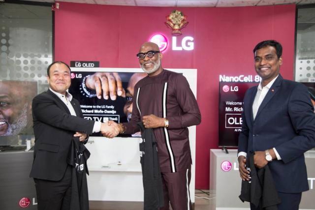 Head, Corporate Marketing Division, LG Electronics West Africa operations, Mr Hari Ellulu, The LG OLED Brand Ambassador, Veteran Nollywood Actor, Richard Eyimofe Mofe-Damijo (RMD) and General Manager, Home Entertainment TV Division, LG Electronics West Africa Operations, Mike Ahn at the official unveiling of RMD as LG OLED Brand Ambassador held today at CBC Tower Lekki Lagos.