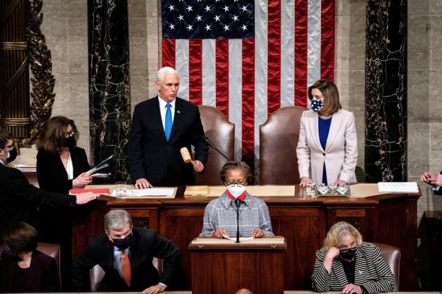 Vice President Mike Pence and House Speaker Nancy Pelosi presided over a joint session of Congress on Thursday to certify the 2020 Electoral College results.Credit...Erin Schaff/The New York Times