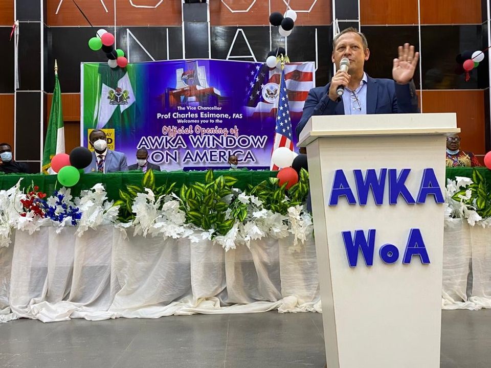 U.S. Consulate Public Affairs Officer Stephen Ibelli Delivering Remarks During the Opening of the Window on America in Awka on Tuesday.