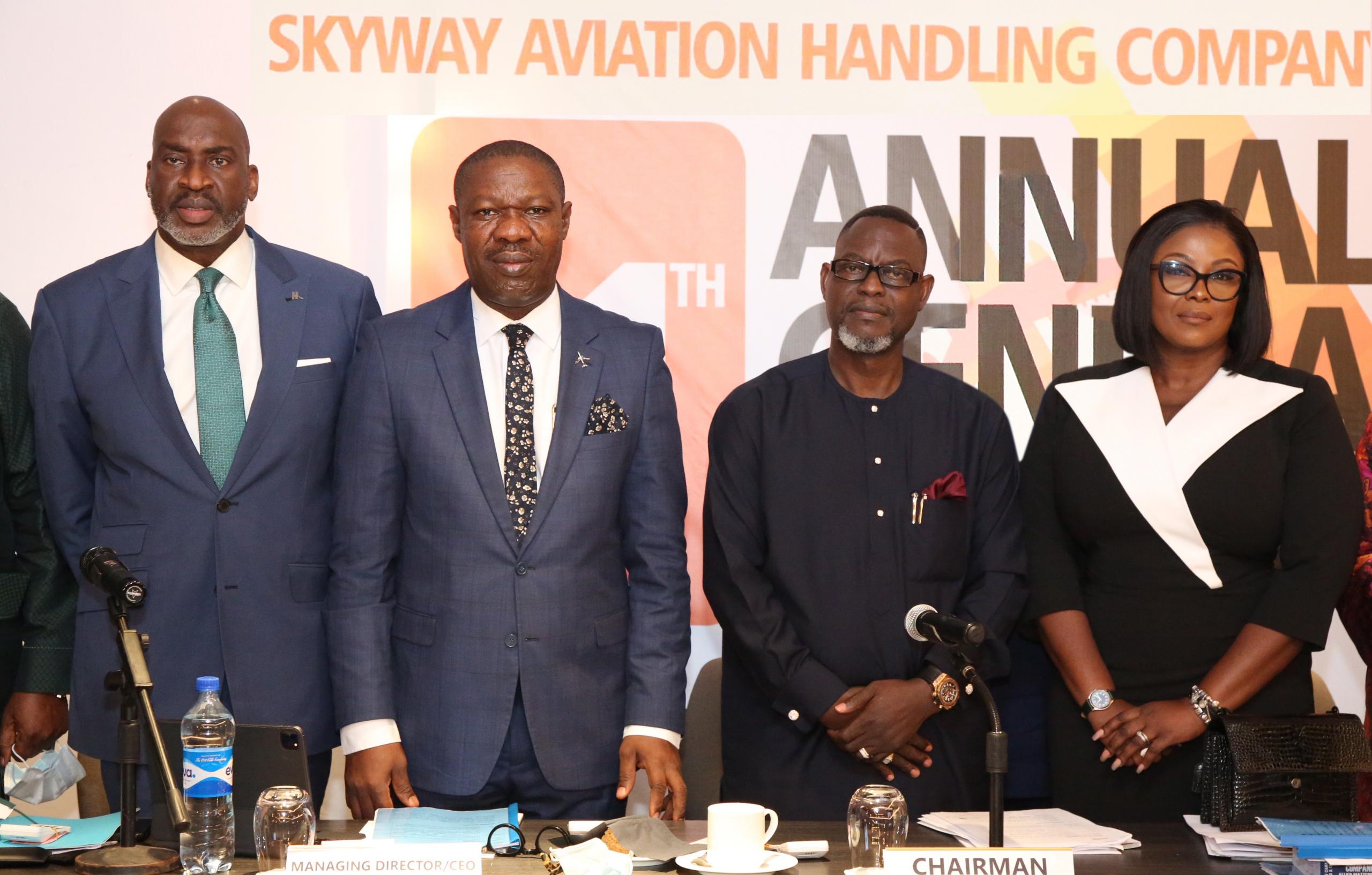 L-R: Barr. Chike Ogeah, Vice Chairman, Skyway Aviation Handling Company (SAHCO) PLC; Basil Agboarumi, MD/CEO, SAHCO PLC; Dr (Barr.) Taiwo Afolabi MON, Chairman, SAHCO PLC and Omolara Bello, Assistant General Manager, Legal Services and Company Secretary, SAHCO PLC during SAHCO’s 11th Annual General Meeting at Marriott Hotel, GRA, Ikeja, Lagos.