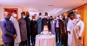 President Buhari with ministers during his birthday ceremony in Turkey