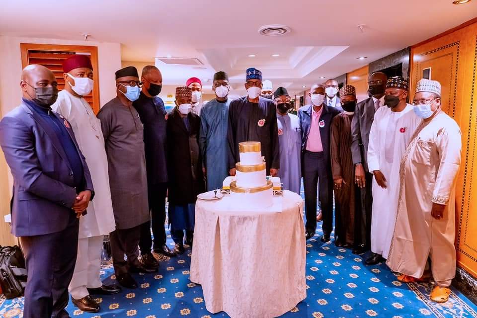 President Buhari with ministers during his birthday ceremony in Turkey