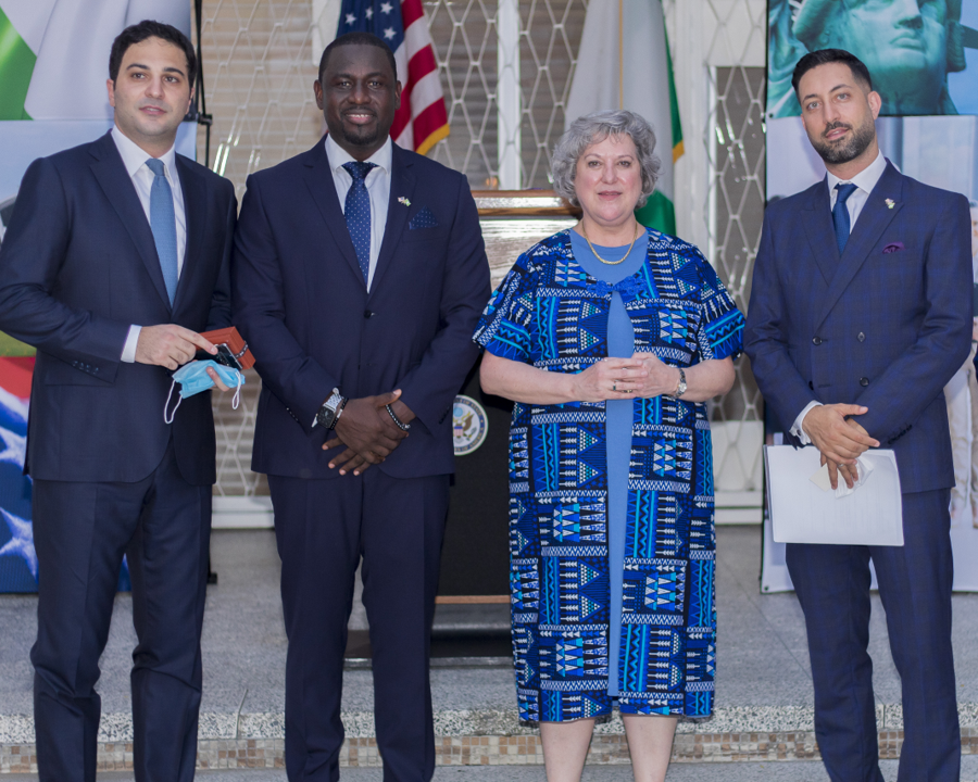 CEO of Tanit Medical Ltd, Anthony Abou Nader; Varian’s Regional Sales Manager for West & East Africa, Ansu Durukay; U.S. Ambassador Mary Beth Leonard; with Varian’s Head of Government Affairs and Market Development for Europe, Middle East and Africa, Kevin Massoudi during a reception in honor of Varian in Lagos.