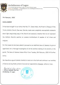 Church suspends Lagos priest who banned Igbo songs in his parish