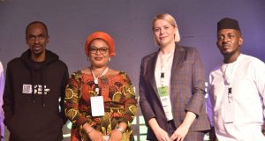 L-R: Olaniyi Ayoola, Team Lead and Convener, Tech Summit, Ogun, 2022; Abimbola Alale, Chief Executive Officer, Nigerian Communication Satellite Limited (NIGCOMSAT)/representing the Minister of Communications and Digital Economy; Branka Mracajac, Chief Executive Officer, 9 Payment Service Bank (9PSB)/Keynote Speaker, and Jude Abaga, Nigerian music producer, at the Tech Summit Ogun, 2022 which held recently at the Olusegun Obasanjo Presidential Library, Abeokuta, Ogun State.