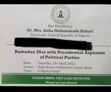 Aisha Buhari invites Atiku, Tinubu, Anyim, Obi others to dinner, instructs them to come without phones