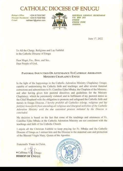 JUST IN: Despite apology, Catholic suspends Mbaka's adoration ministry over attack on Obi