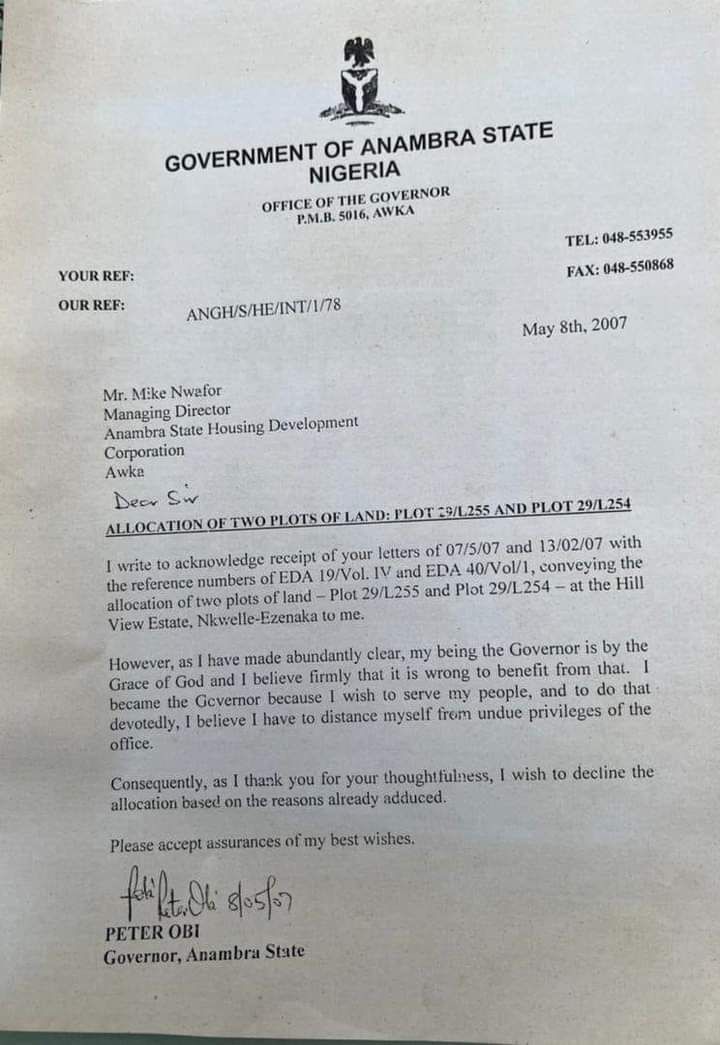 2007 letter shows Peter Obi rejected lands allocated to him as governor
