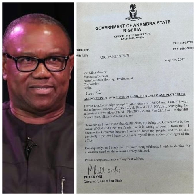 2007 letter shows Peter Obi rejected lands allocated to him as governor