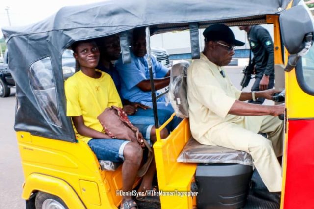 Obasanjo rides tricycle in Abeokuta, asks youths to embrace opportunities