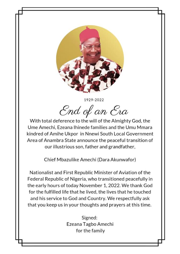 BREAKING: Elder statesman, Mbazulike Amaechi dies at 93