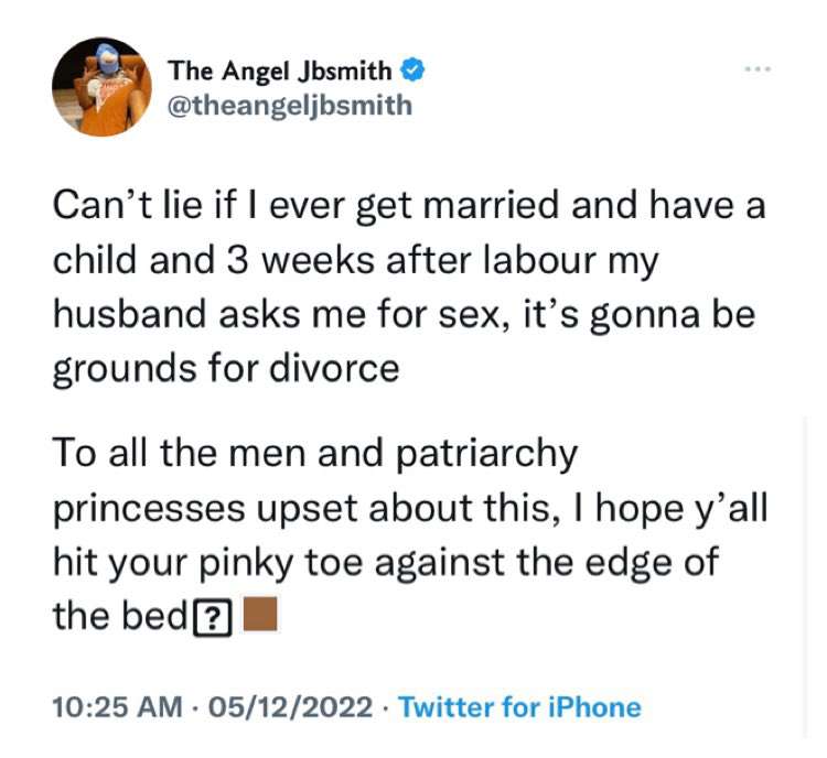 I'll divorce my husband if he asks for s3x three weeks after childbirth - Angel Smith