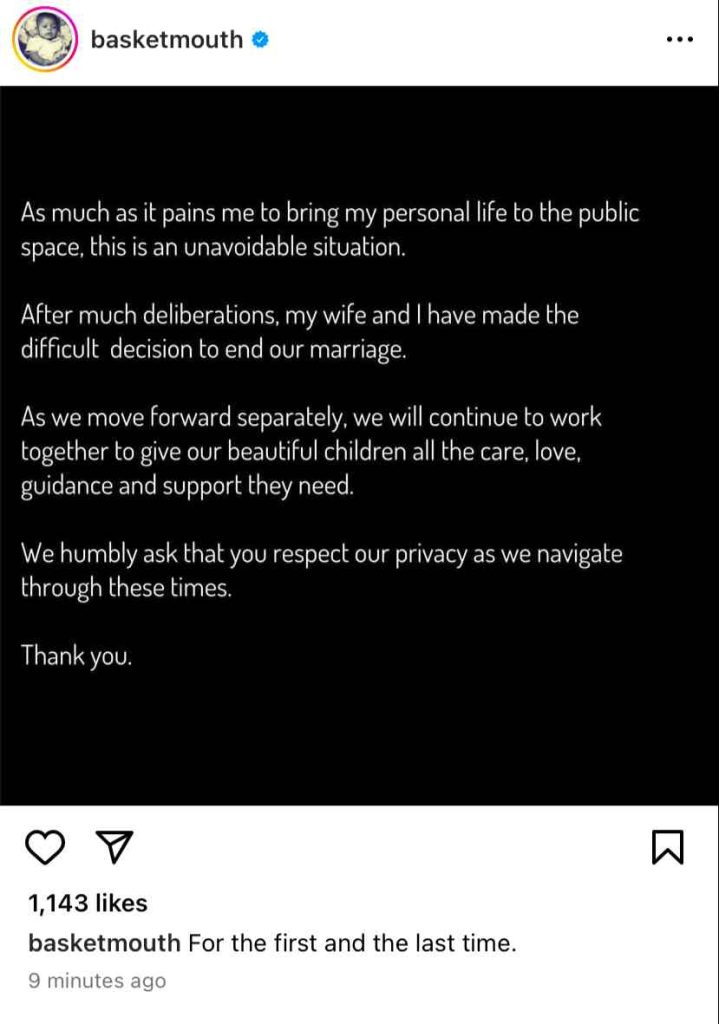 Basketmouth's marriage crashes