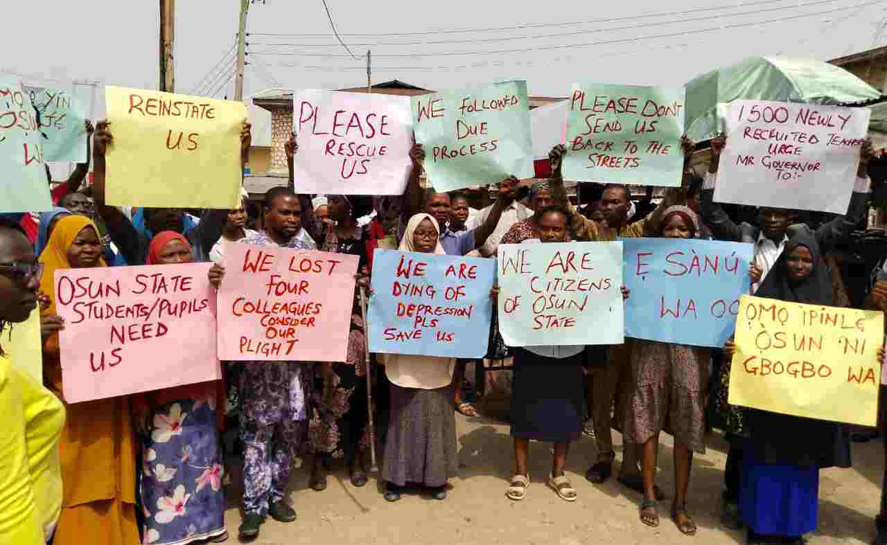 Sacked Osun teachers stage protest, seek stakeholders' intervention