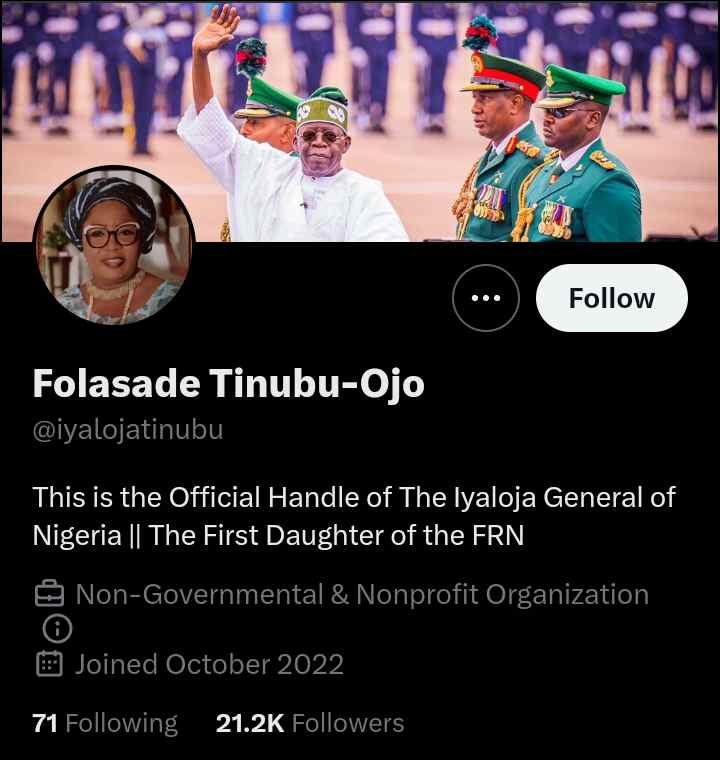 Tinubu-Ojo adds 'Iyaloja General of Nigeria,' ‘First Daughter of FRN’ to Twitter bio