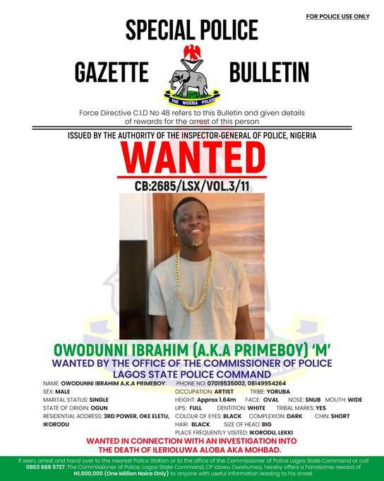 Mohbad: Police declare Primeboy wanted, promise N1m reward for anyone with useful information