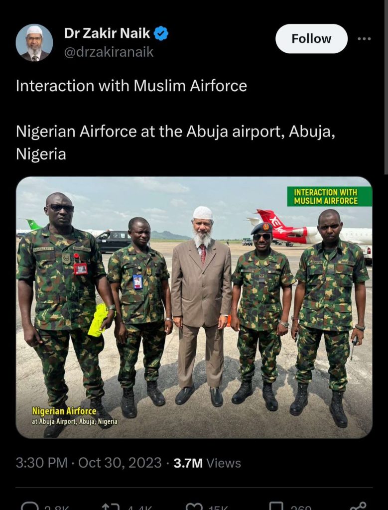 Indian cleric wanted for terrorist views visits Nigeria, labels NAF Sultan of Sokoto 'Head of State'