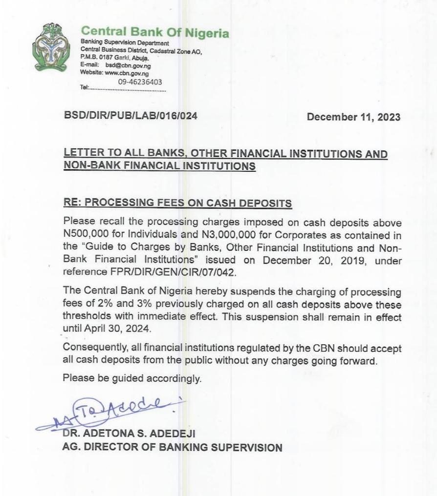 CBN suspends 2% processing fee deposits above N500k
