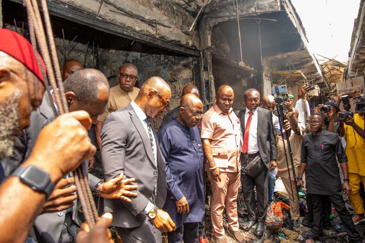 Gov Otti visits scene of burnt market in Aba, promises to rebuild shops