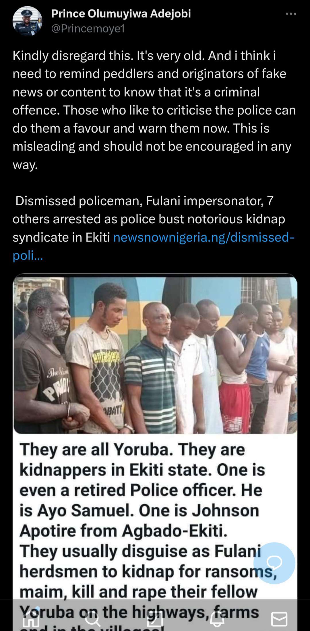 'Fake news,' Police dismisses report suggesting Yoruba impersonators of Fulani behind Ekiti abductions