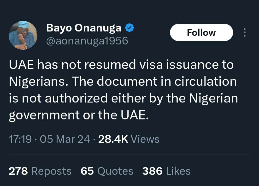 Onanuga says UAE hasn’t lifted visa restriction on Nigerians