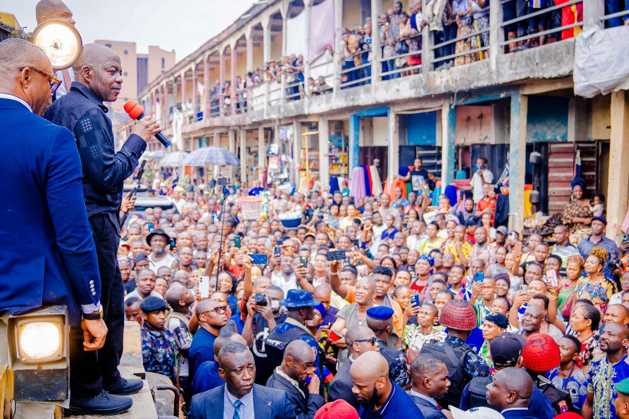 Ecstatic crowd gather to listen to Governor Otti.