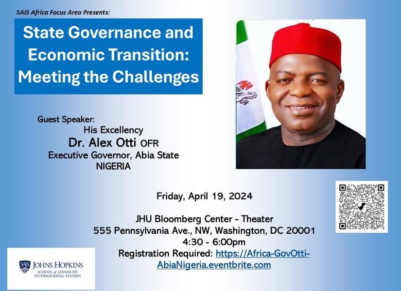 Join: Gov Alex Otti lecture at John Hopkins University tonight