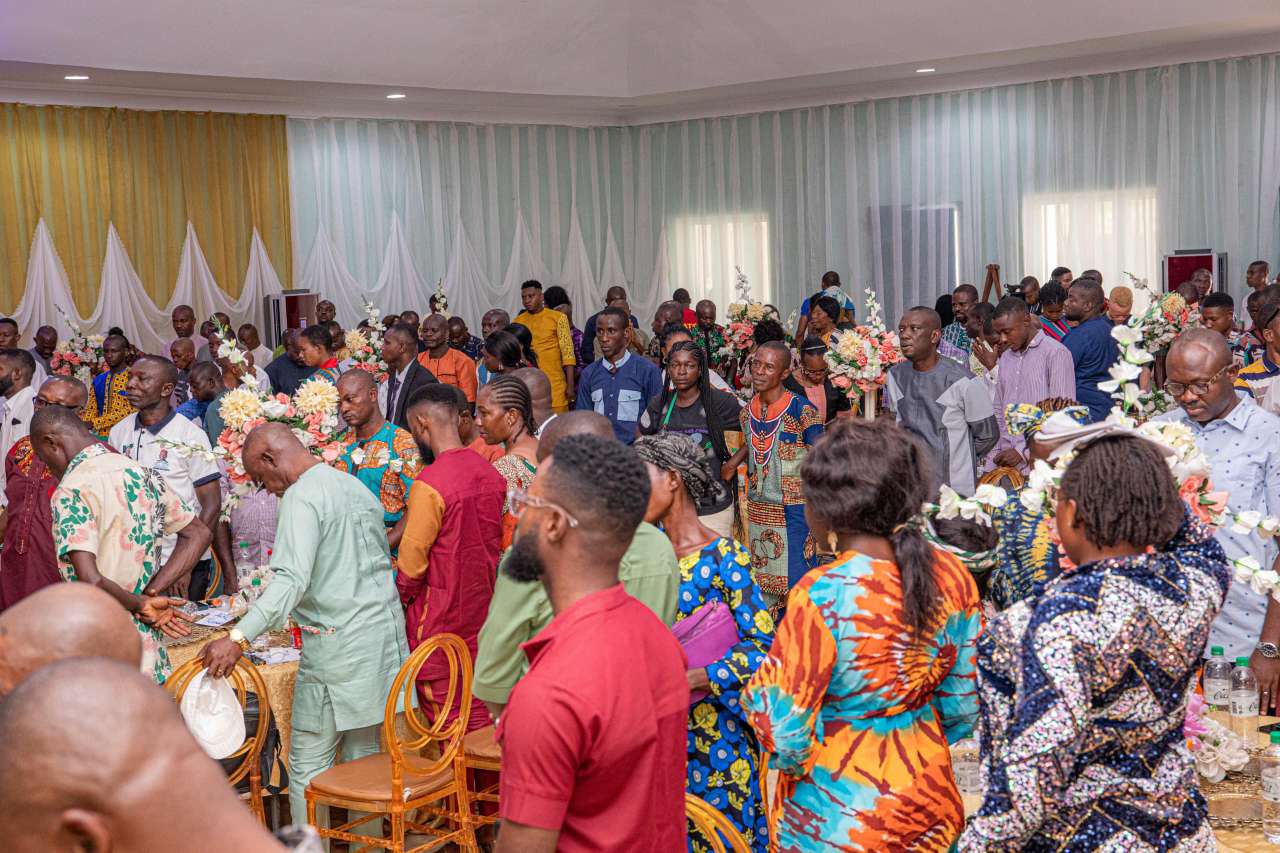 A batch of the 300 participants for the agricultural training programme in a group photograph with Governor Otti.