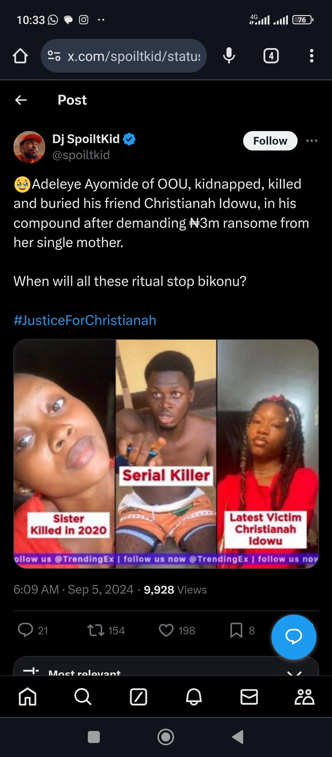 #JusticeForChristianah: Nigerians demand justice for FUNAAB student murdered by abductor