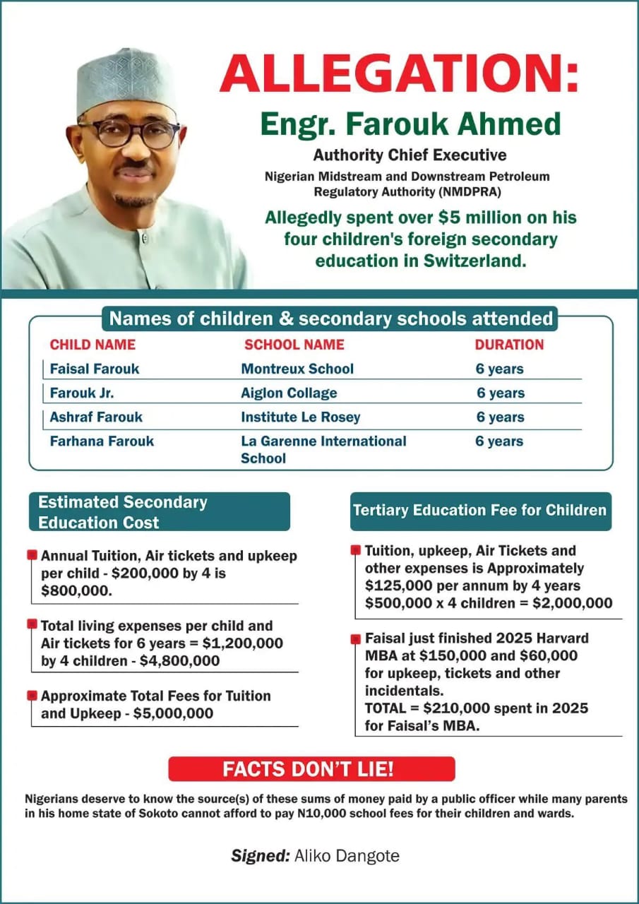 Again, Dangote slams NMDPRA CEO over $5m Swiss education for children, questions source of funds