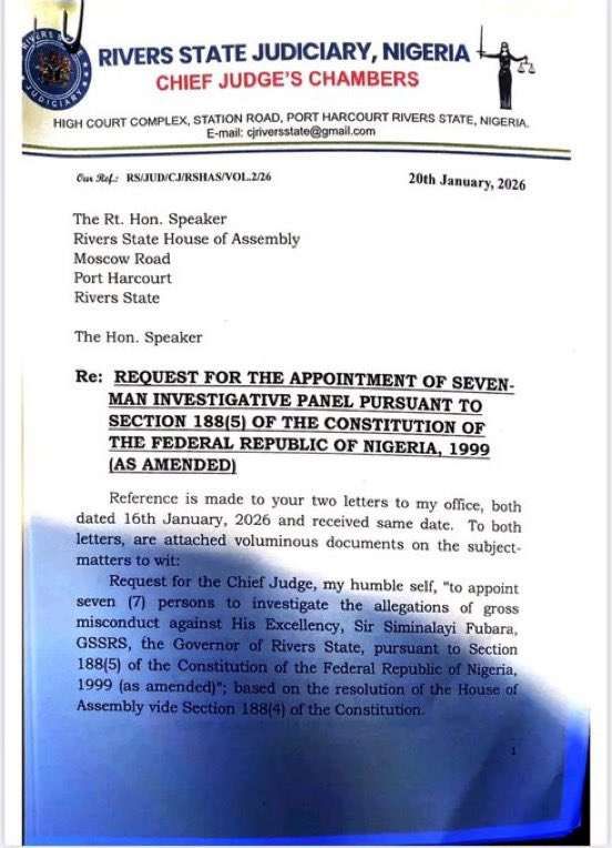 Impeachment saga: Rivers chief judge turns down assembly’s request to set up panel to probe Fubara