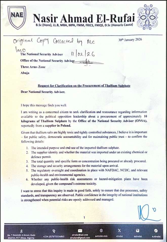 El-Rufai demands answers from Nuhu Ribadu over alleged importation of deadly poison 