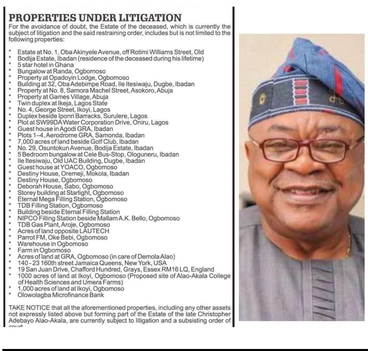 Court halts deals on Alao-Akala’s estate, moves to decide on DNA test in family dispute