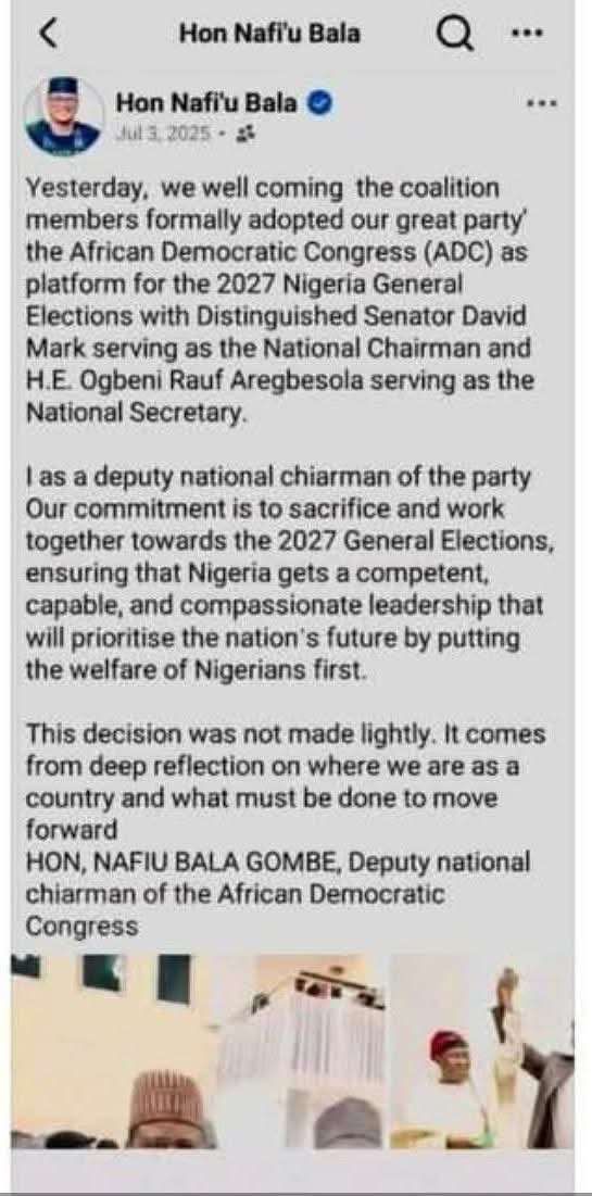 ADC Crisis: Nafiu Bala confirms attendance at Mark-led leadership unveiling, denies endorsing appointments