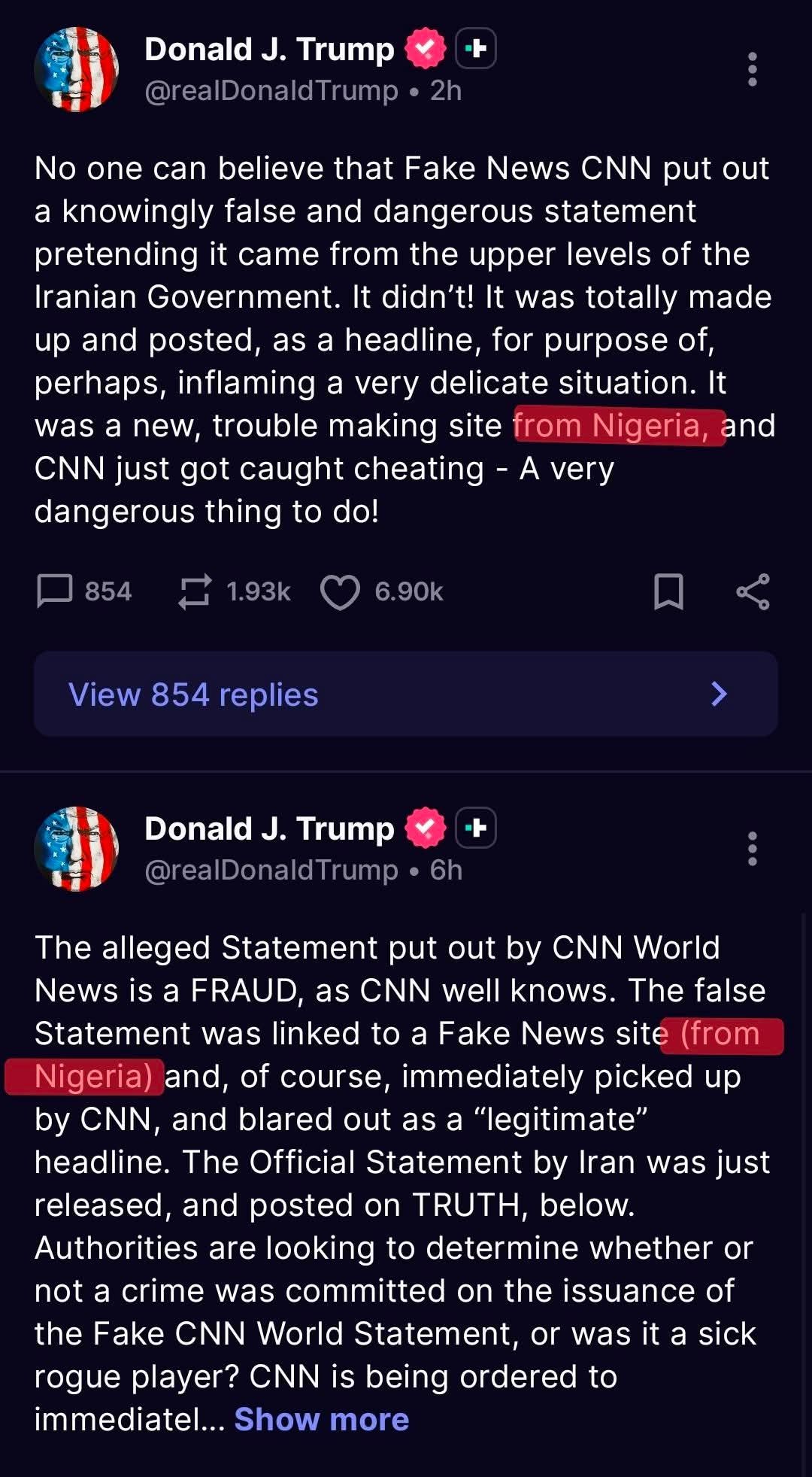 Trump accuses CNN of spreading ‘fake news’ from Nigerian website over Iran ceasefire report