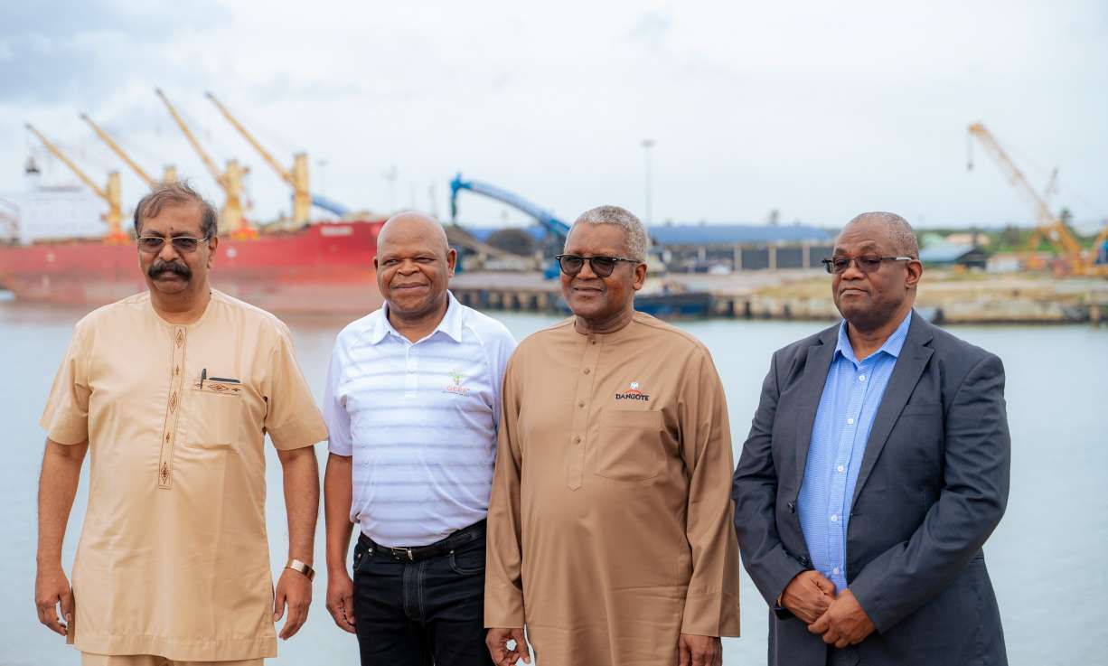 L-R: Group Vice President, Oil & Gas, Dangote Industries Limited, Devakumar Edwin; Chairperson, Government Employees Pension Fund (GEPF), Frans Baleni; President/Chief Executive, Dangote Industries Limited, Aliko Dangote; and Deputy Chairperson, Public Investment Corporation (PIC), Dr Mongwena Maluleke, during the strategic visit of the leadership of GEPF & PIC to the Dangote Petroleum Refinery & Petrochemicals, Lekki, Lagos, at the weekend.