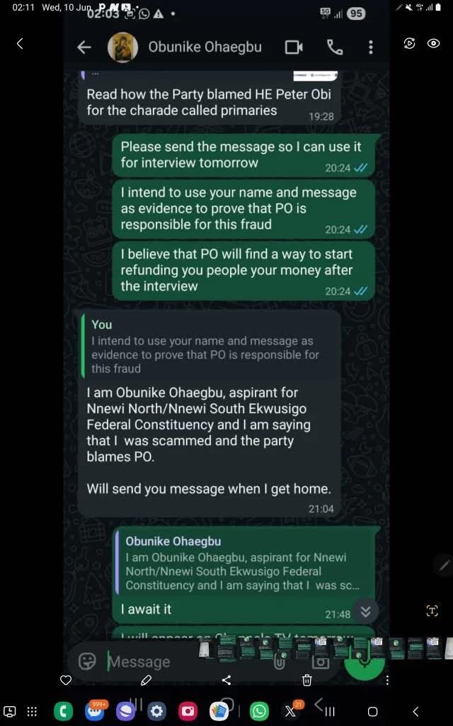 Kenneth Okonkwo Publishes WhatsApp Chats Amid Bribery Allegations Against Obi, NDC